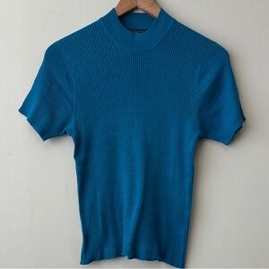 Y2K Silk Blend Norton McNaughton Capri Blue Ribbed Mockneck Short Sleeve Sweater